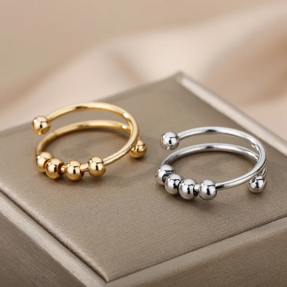 Anxiety Balls Beads Rings for Women Open Spinner Adjustable Finger Ring Stainless Steel Rotating Freely anti Stress Jewelry Gift