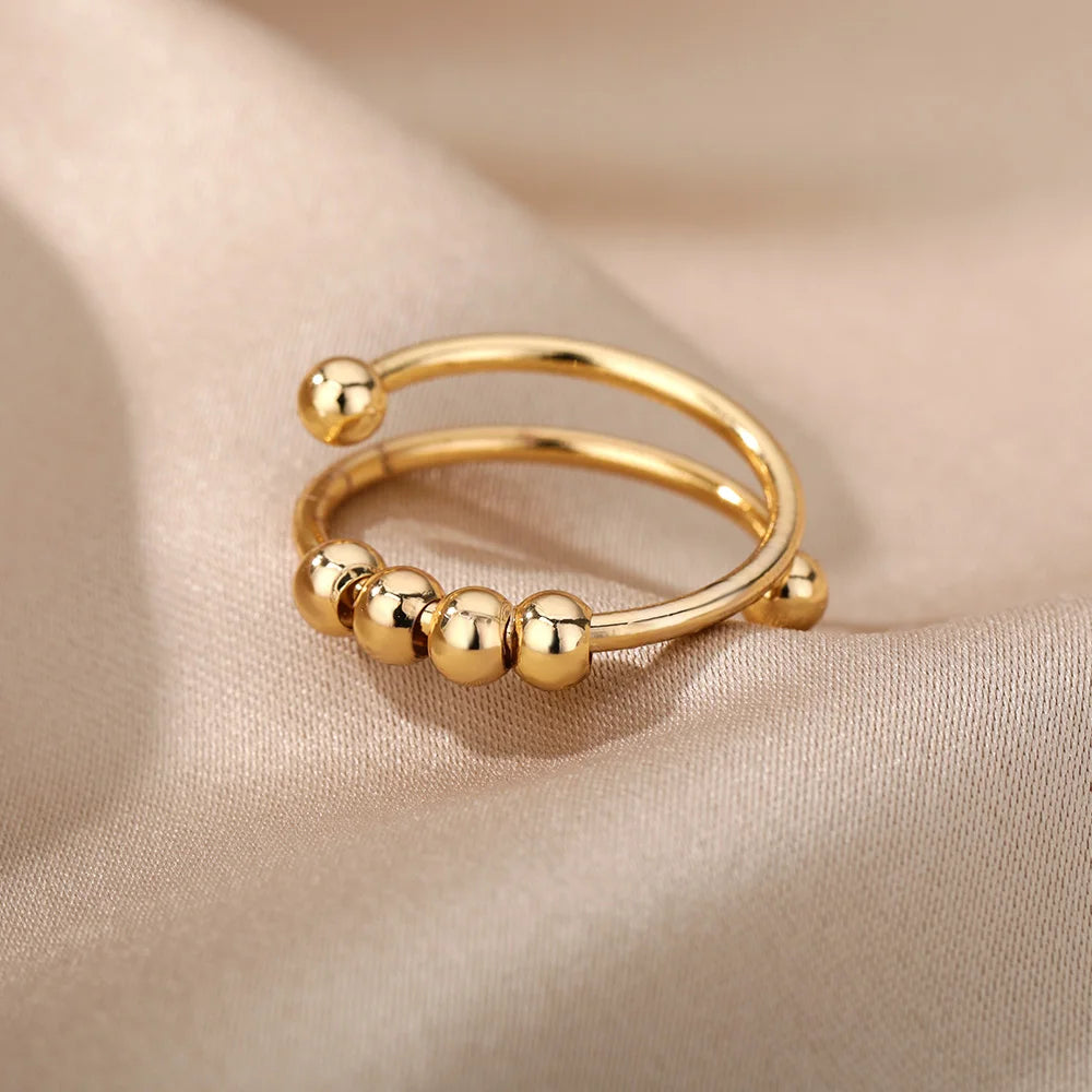 Anxiety Balls Beads Rings for Women Open Spinner Adjustable Finger Ring Stainless Steel Rotating Freely anti Stress Jewelry Gift
