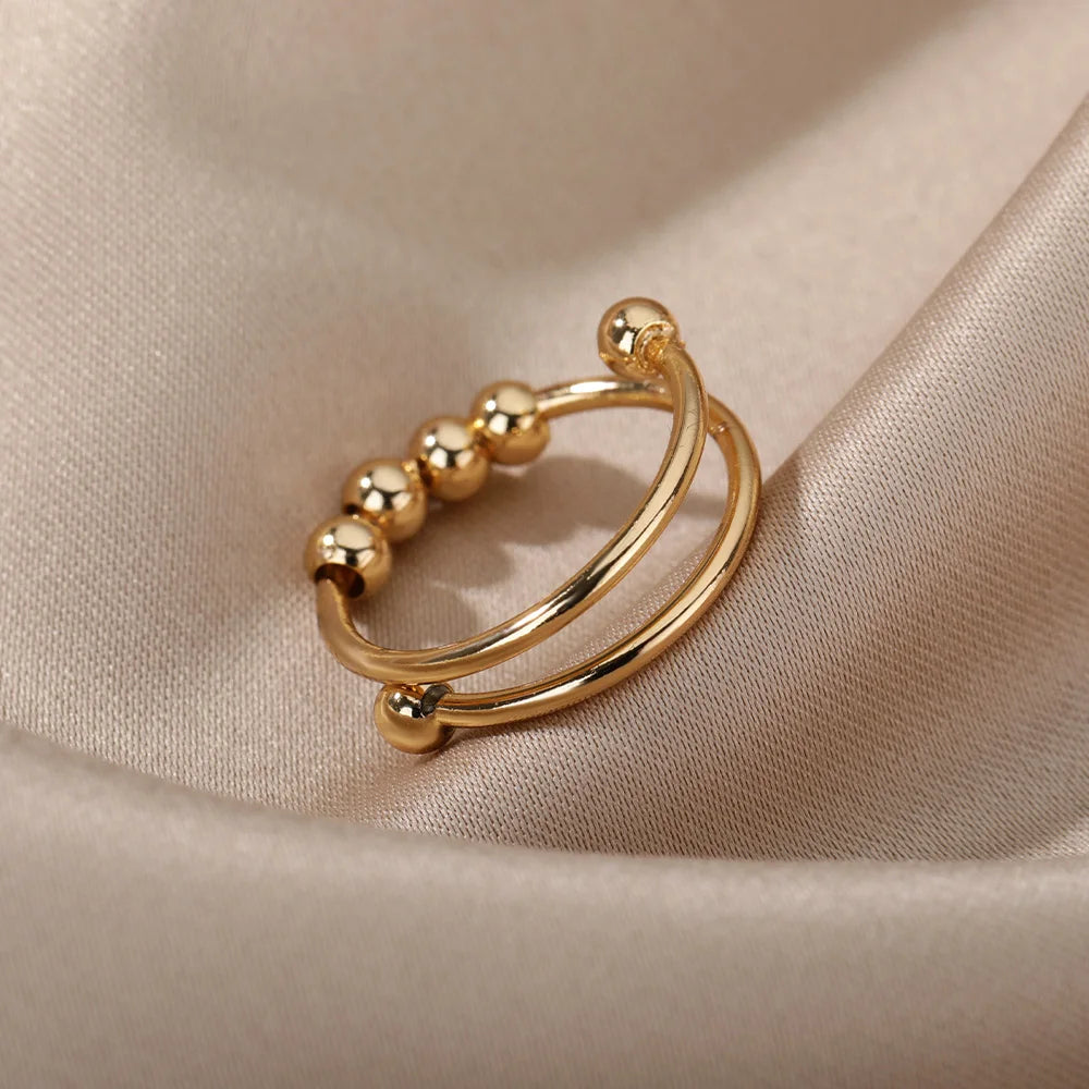Anxiety Balls Beads Rings for Women Open Spinner Adjustable Finger Ring Stainless Steel Rotating Freely anti Stress Jewelry Gift
