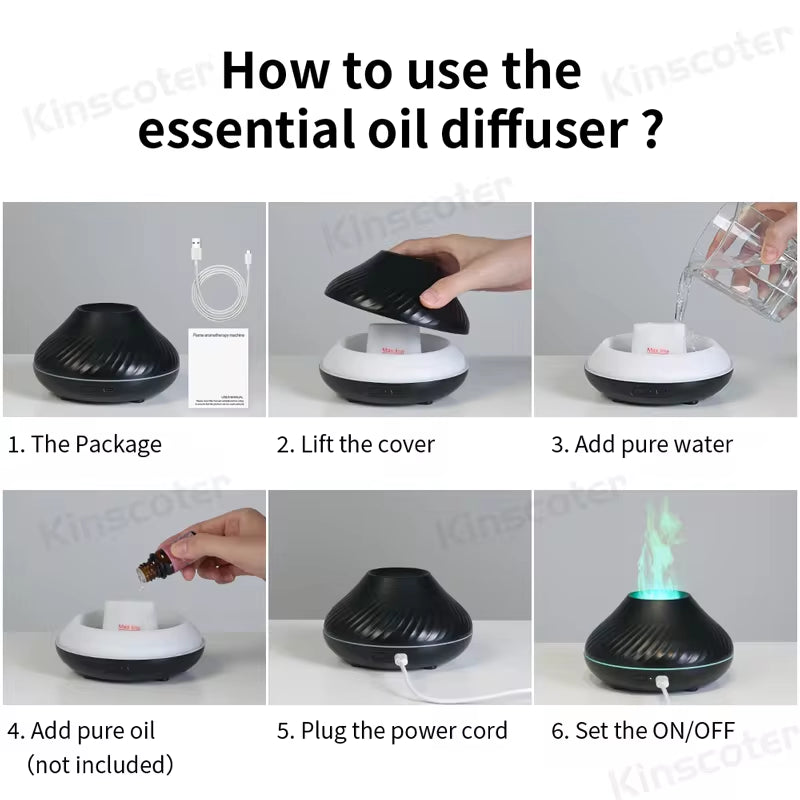 Kinscoter Volcanic Aroma Diffuser Essential Oil Lamp 130Ml USB Portable Air Humidifier with Color Flame Night Light