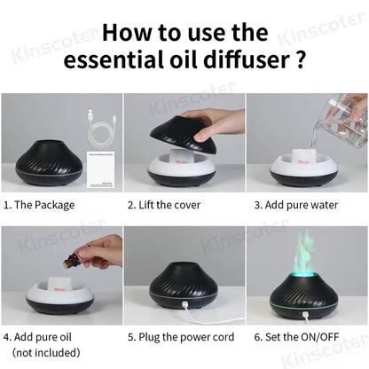 Kinscoter Volcanic Aroma Diffuser Essential Oil Lamp 130Ml USB Portable Air Humidifier with Color Flame Night Light