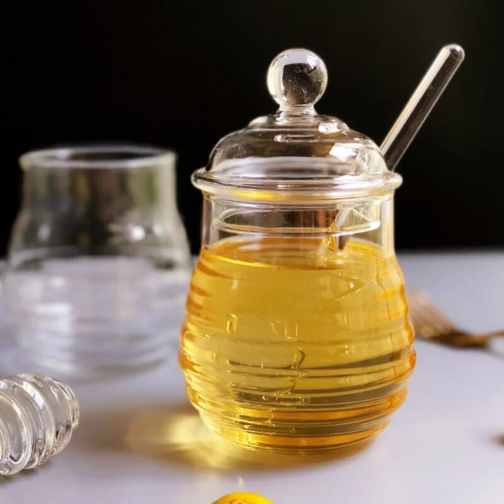 Transparent Honey Pot with Dipper and Lid Honeycomb Tank Kitchen Honey Bottle for for Wedding Party Office Kitchen Home