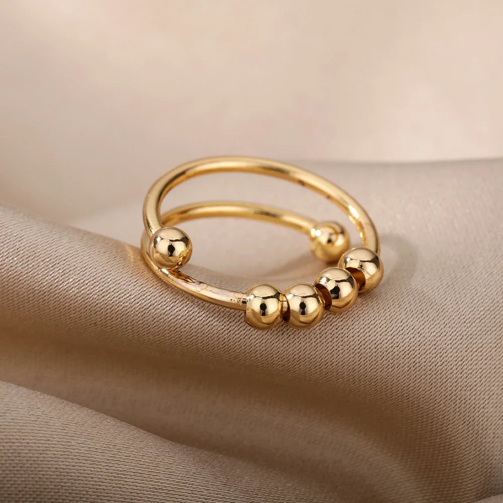 Anxiety Balls Beads Rings for Women Open Spinner Adjustable Finger Ring Stainless Steel Rotating Freely anti Stress Jewelry Gift