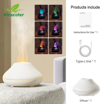 Kinscoter Volcanic Aroma Diffuser Essential Oil Lamp 130Ml USB Portable Air Humidifier with Color Flame Night Light
